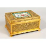 THE GREAT EXHIBITION OF 1851 BRASS JEWEL CASKET, with Sevres painted porcelain plaque, with velvet
