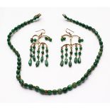 A SMALL GREEN BEAD NECKLACE, possibly natural emeralds, together with a pair of similar style