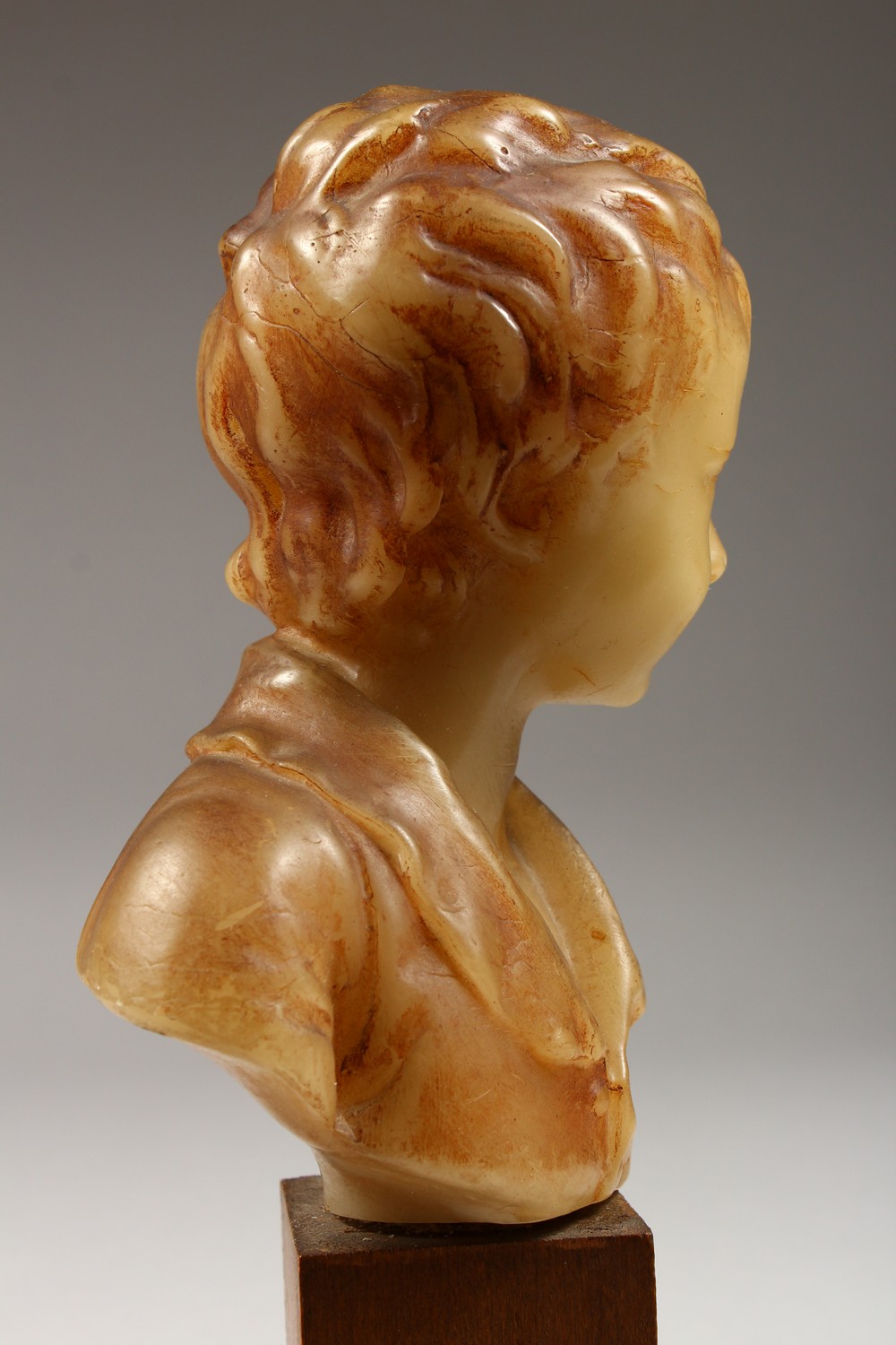 A SMALL GEORGIAN CARVED WAX BUST, head and shoulders of a young boy. 6ins high on a wooden plinth. - Image 7 of 8