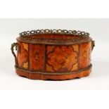 A GOOD 19TH CENTURY FRENCH KINGWOOD AND MARQUETRY OVAL PLANTER, with gilt metal mounts. 16ins long.