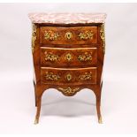 A GOOD SMALL 19TH CENTURY FRENCH KINGWOOD BOMBE COMMODE, with rouge marble top, ormolu mounts, three