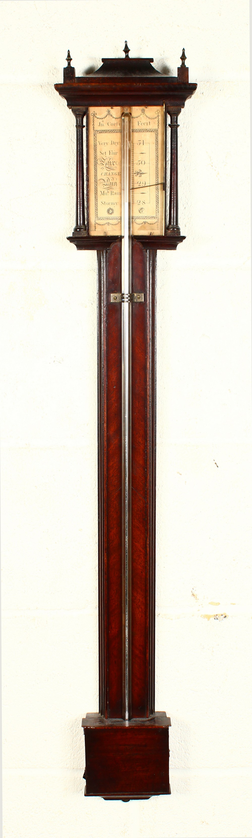 A 19TH CENTURY MAHOGANY STICK BAROMETER, by John Corti. 3ft 2ins high.