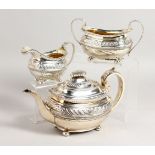 A GEORGE III THREE PIECE TEA SET, with shell and acanthus mounts, gadrooned edges on ball feet.