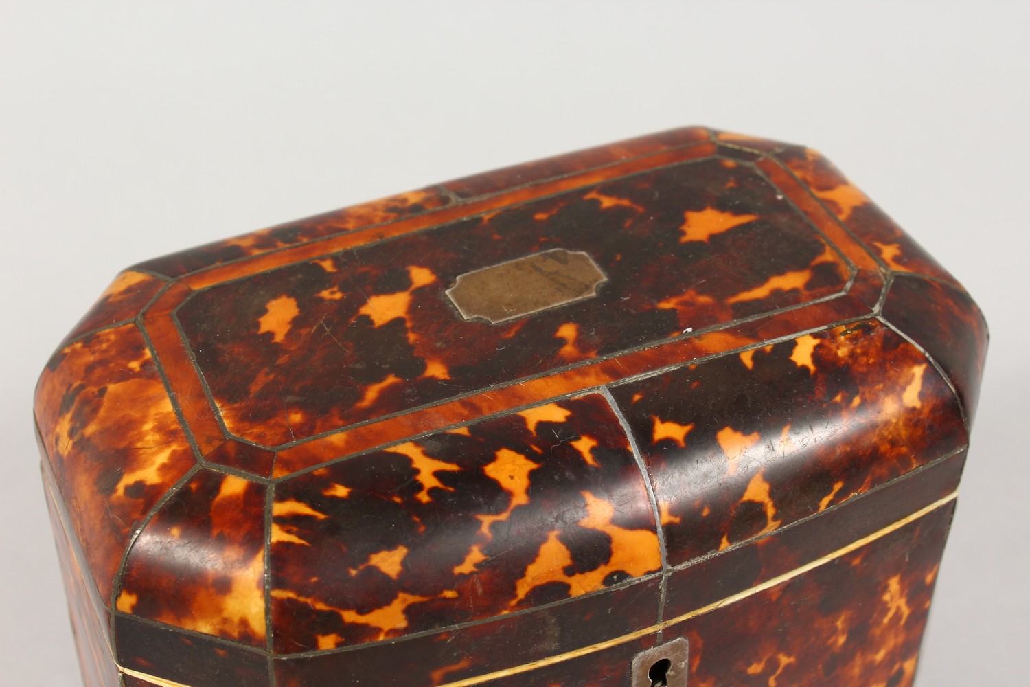 A 19TH CENTURY TORTOISESHELL TEA CADDY, of rounded rectangular form, on ivory ball feet. 7.25ins - Image 2 of 4