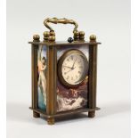 A MINIATURE FRENCH CARRIAGE CLOCK with classical panels. 2.75ins high.