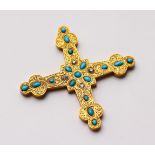 A 15CT GOLD VICTORIAN YELLOW CRUCIFIX, set with turquoise and diamonds. 2.75ins x 2.75ins.