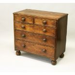 A 19TH CENTURY MAHOGANY STRAIGHT FRONT CHEST OF DRAWERS, comprising two short and three graduated