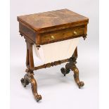 A GOOD MID 19TH CENTURY FIGURED WALNUT COMBINATION GAMES / WORK TABLE, the rotating foldover top