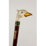 A SUPERB CRYSTAL BIRDS HEAD PARASOL HANDLE, with colourful eyes and metal beak, the wooden stem with