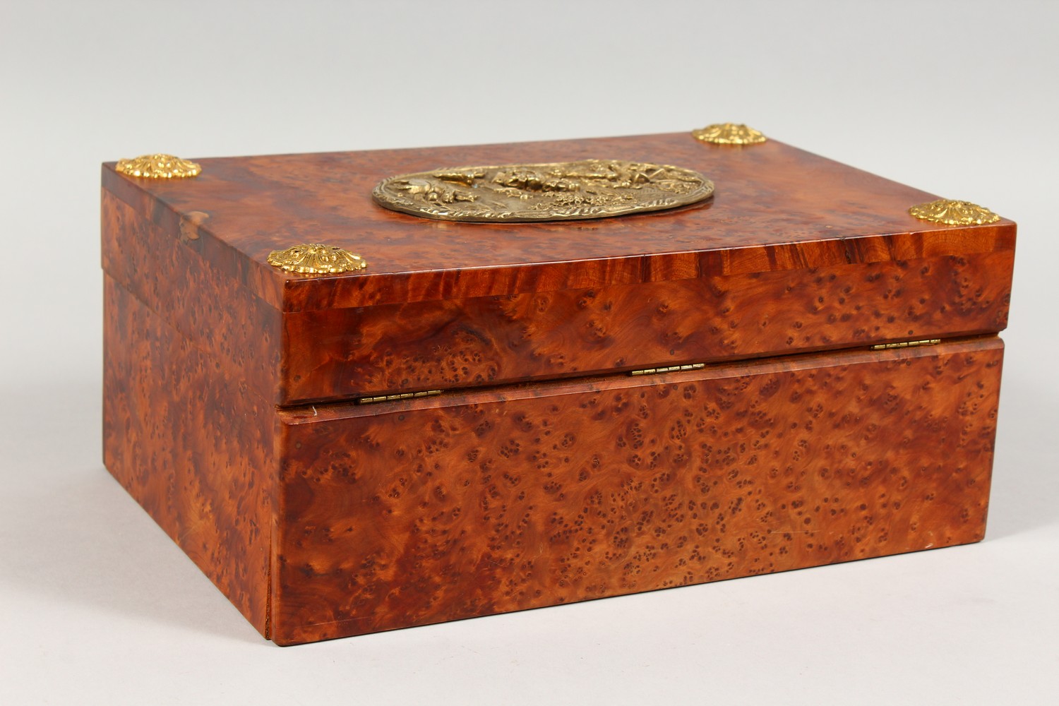 A 19TH CENTURY THUYA WOOD CASKET, with brass mounts and silk interior. 11.5ins long. - Image 5 of 6