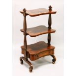 A GOOD 19TH CENTURY ROSEWOOD THREE TIER WHAT-NOT, with a pair of serpentine outline shelves, a