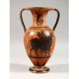 A GREEK STYLE TERRACOTTA TWIN HANDLED VASE, painted with figures and animals. 10ins high.