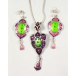 A PAIR OF DECO DESIGN SILVER AND ENAMEL EARRINGS AND PENDANT.