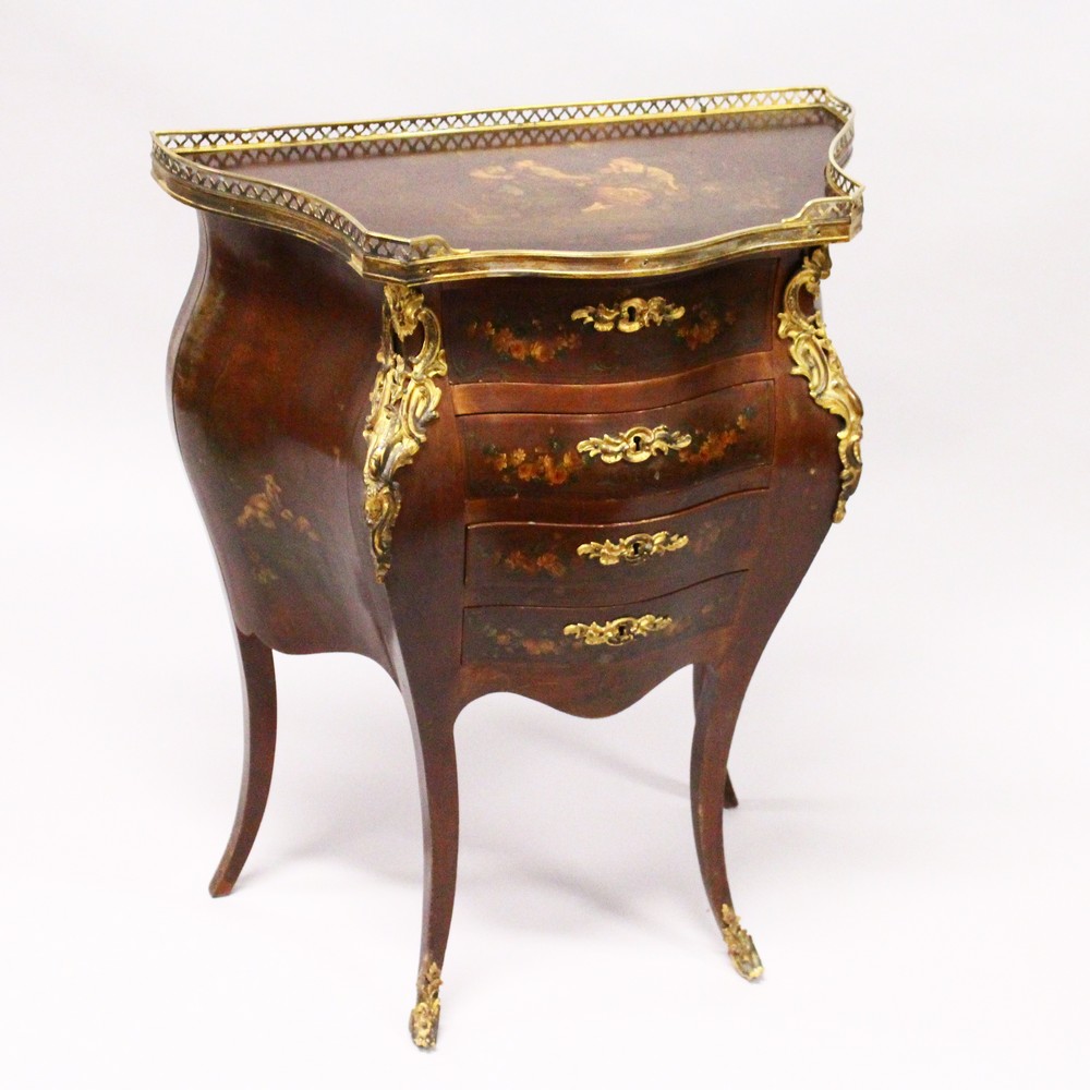 A VERNIS MARTIN PETITE BOMBE COMMODE, mid 20th Century, the galleried top painted with young lovers,