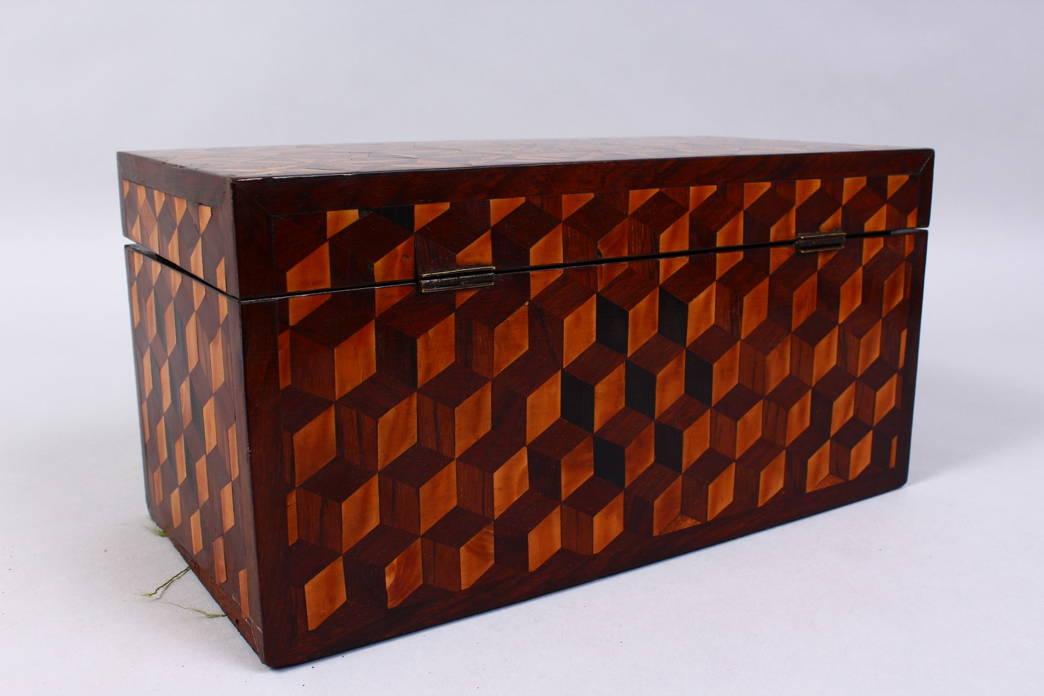 A VERY GOOD 19TH CENTURY TUNBRIDGE WARE MARQUETRY TEA CADDY with two boxes and mixing bowl. 12ins - Image 6 of 10