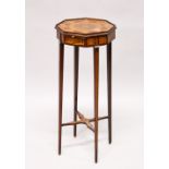 A SHERATON REVIVAL MAHOGANY AND SATINWOOD OCTAGONAL SHAPE URN STAND, the galleried top with inlaid