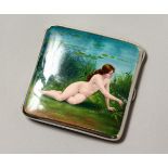 A .935 SILVER AND ENAMEL CIGARETTE CASE, the lid with a nude on the bank of a pond picking