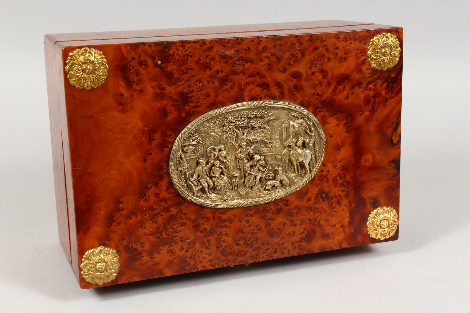 A 19TH CENTURY THUYA WOOD CASKET, with brass mounts and silk interior. 11.5ins long. - Image 3 of 6