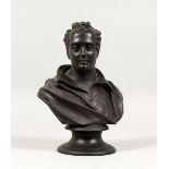 A WEDGWOOD BLACK BASALT BUST OF BYRON. Impressed WEDGWOOD & BYRON. 9ins high. (base loose)