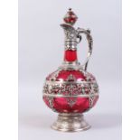 A SUPERB FRENCH CRANBERRY GLASS EWER/WINE FLAGON, with silver plated mounts.