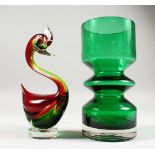 A RIIHIMAEN LASI GREEN GLASS VASE, 8ins high; together with a Murano glass swan, 8ins high.