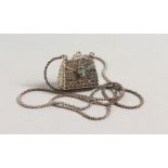 A NOVELTY SILVER MARCASITE HANDBAG NECKLACE.