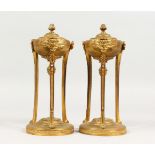 A PAIR OF 19TH CENTURY FRENCH ORMOLU URNS, with reversible sconces, winged figures and claw feet.