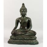 A LARGE BRONZE SEATED BUDDHA. 17ins high.