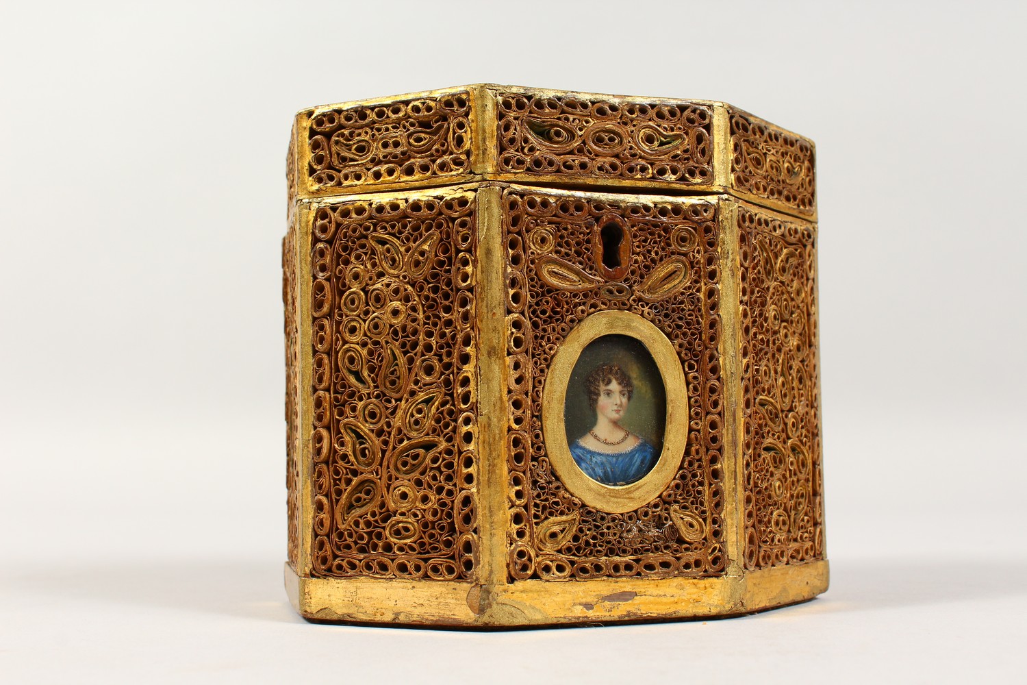 A GEORGE III ROLLED GILDED PAPER TEA CADDY, octagonal, inset with a portrait of a young girl. 4. - Image 3 of 7