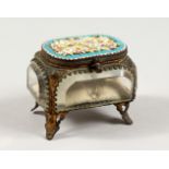A VICTORIAN JEWELLERY CASKET, with glazed sides and millefiori cover. 3ins wide.