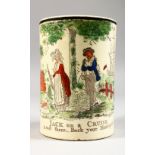 AN 19TH CENTURY CREAM WARE TANKARD "Jack On A Cruise..." 5ins high.