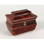 A 19TH CENTURY TORTOISESHELL TEA CADDY, of sarcophagus form, on ivory feet. 6ins wide.