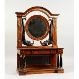 AN APPRENTICES EMPIRE MAHOGANY DRESSING TABLE with circular mirror, dolphin supports, single