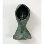 A SMALL POTTERY HOODED BUST OF A MAN, with verdigris patination. 8.25ins high.