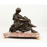 A 19TH CENTURY BRONZE SAPPHO WITH LYRE on a marble base. Susse Freres foundry mark. 10ins long.