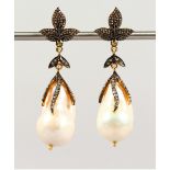 A LARGE PAIR OF 9CT GOLD, DIAMOND AND BAROQUE PEARL EARRINGS.