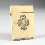 A VICTORIAN IVORY CARD CASE with engraved silver cartouche. 4.25ins x 3ins.