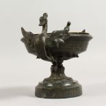 A SMALL SPELTER TAZZA, with brass liner and marble base. 6.5ins wide.