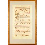 TWO LARGE EARLY 17TH CENTURY SPANISH ANTIPHONAL (musical manuscript with text), framed and glazed.