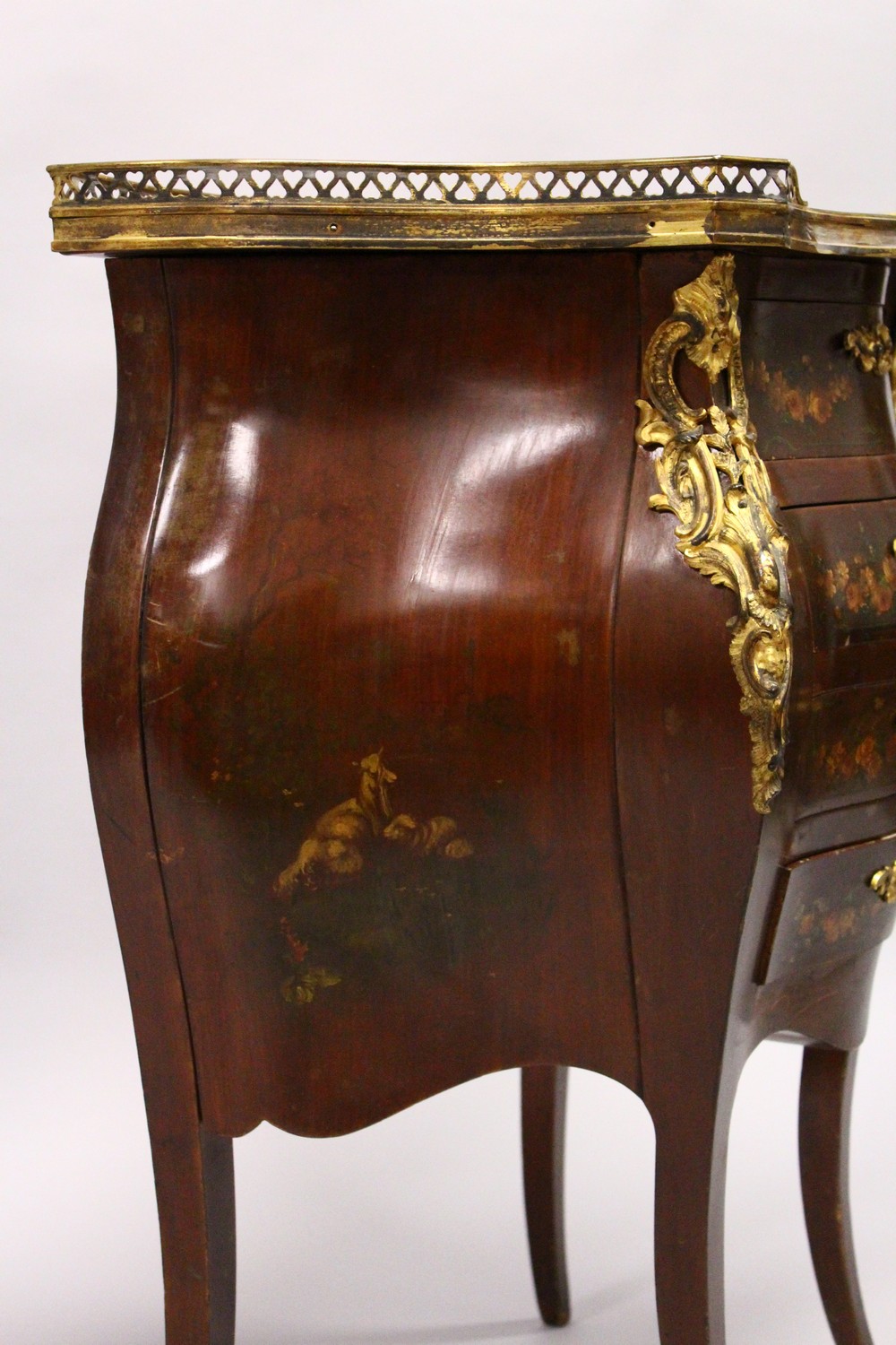 A VERNIS MARTIN PETITE BOMBE COMMODE, mid 20th Century, the galleried top painted with young lovers, - Image 6 of 6
