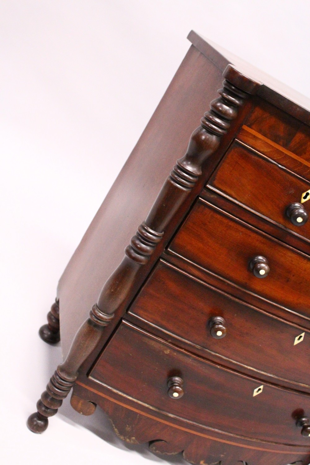 AN EARLY 19TH CENTURY MAHOGANY MINIATURE BOWFRONT CHEST, with two short and three long graduated - Image 3 of 8