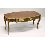 A FRENCH STYLE MARQUETRY AND ORMOLU MOUNTED COFFEE TABLE. 3ft 8ins long x 1ft 11ins wide x 1ft
