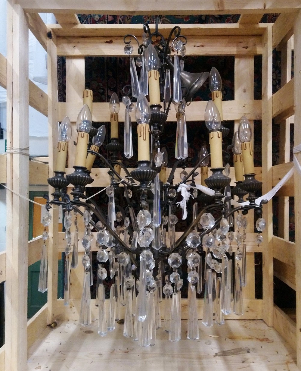 A VERY GOOD LARGE CUT GLASS CHANDELIER in wooden crate.