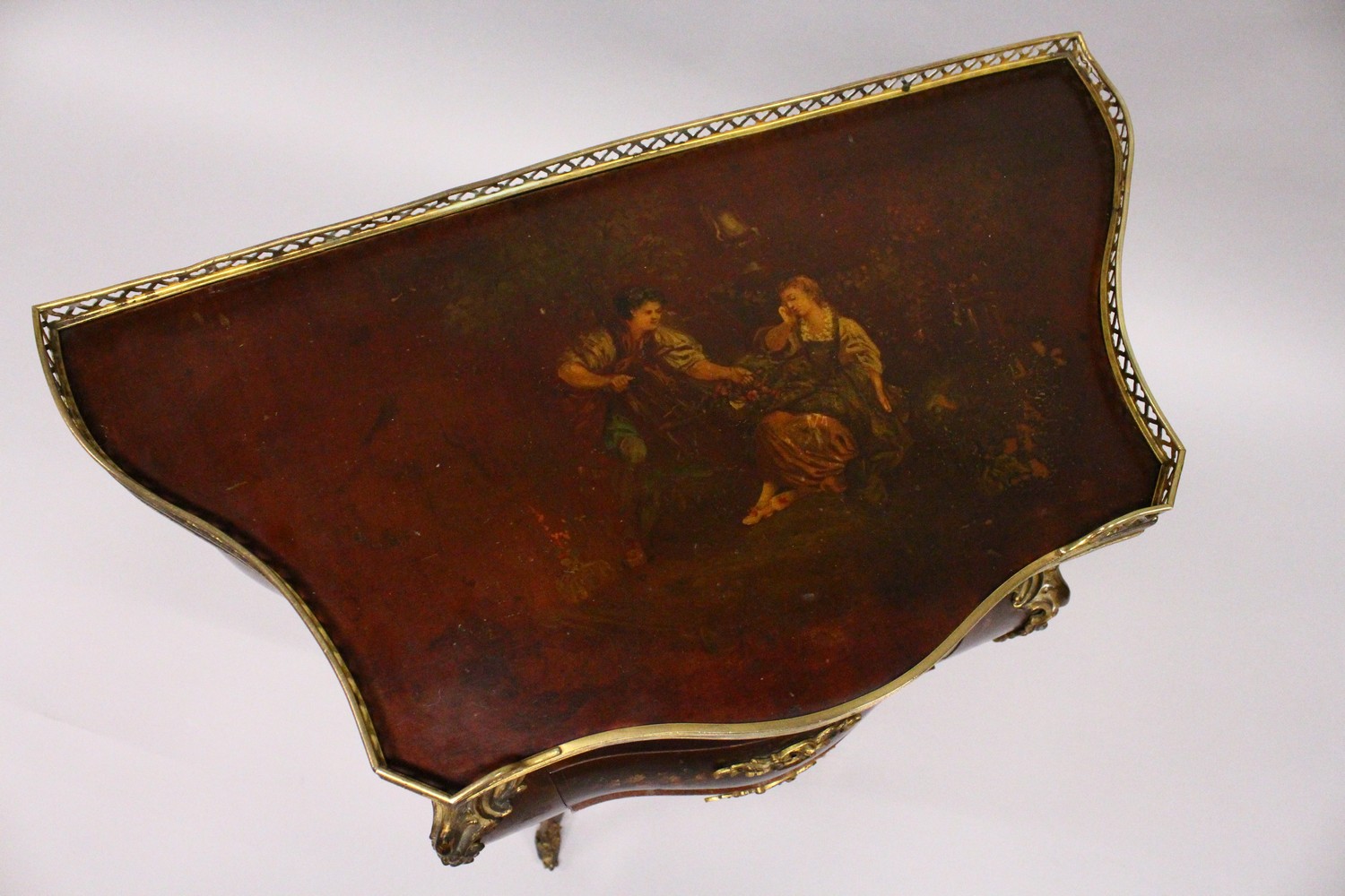 A VERNIS MARTIN PETITE BOMBE COMMODE, mid 20th Century, the galleried top painted with young lovers, - Image 3 of 6