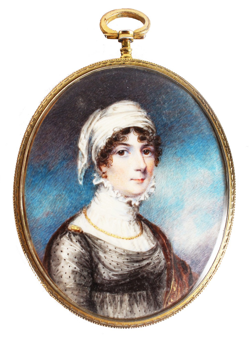A GOOD OVAL PORTRAIT OF A LADY, wearing a white head scarf, large lace collar, a gold chain and