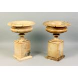 A VERY GOOD PAIR OF 19TH CENTURY FRENCH ALABASTER URNS ON PEDESTALS. (Converted to double-lamps)