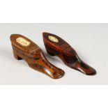 TWO GOOD EARLY 19TH CENTURY SNUFF BOXES, both carved as shoes, with pique work decoration, each