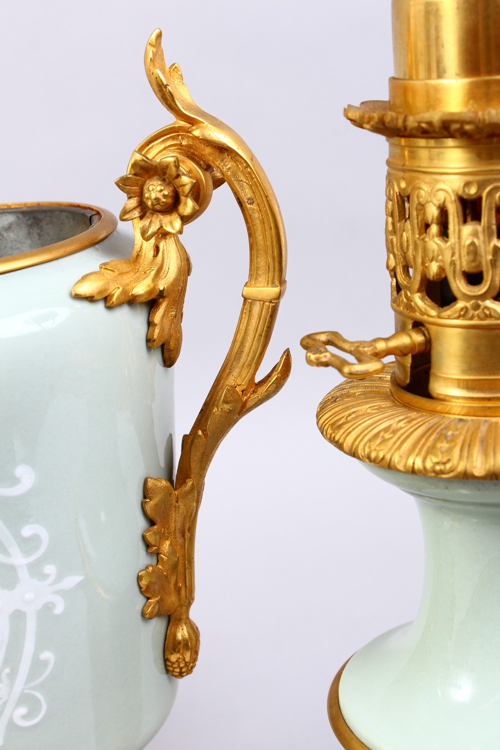A SUPERB PAIR OF 19TH CENTURY FRENCH PATE-SUR-PATE TWO-HANDLED URN SHAPED LAMPS, inset with a - Image 4 of 12