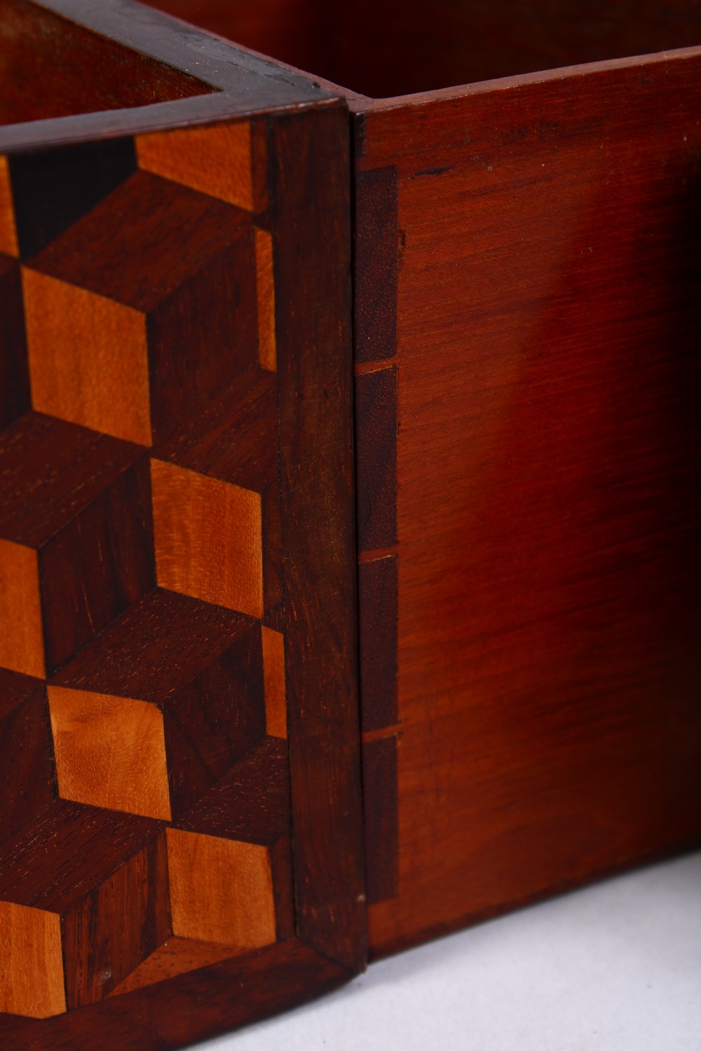 A VERY GOOD 19TH CENTURY TUNBRIDGE WARE MARQUETRY TEA CADDY with two boxes and mixing bowl. 12ins - Image 10 of 10