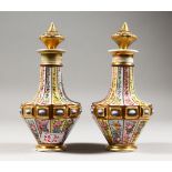 A PAIR OF 19TH CENTURY SEVRES BOTTLES AND STOPPERS painted with panels of flowers. 8.5ins high.